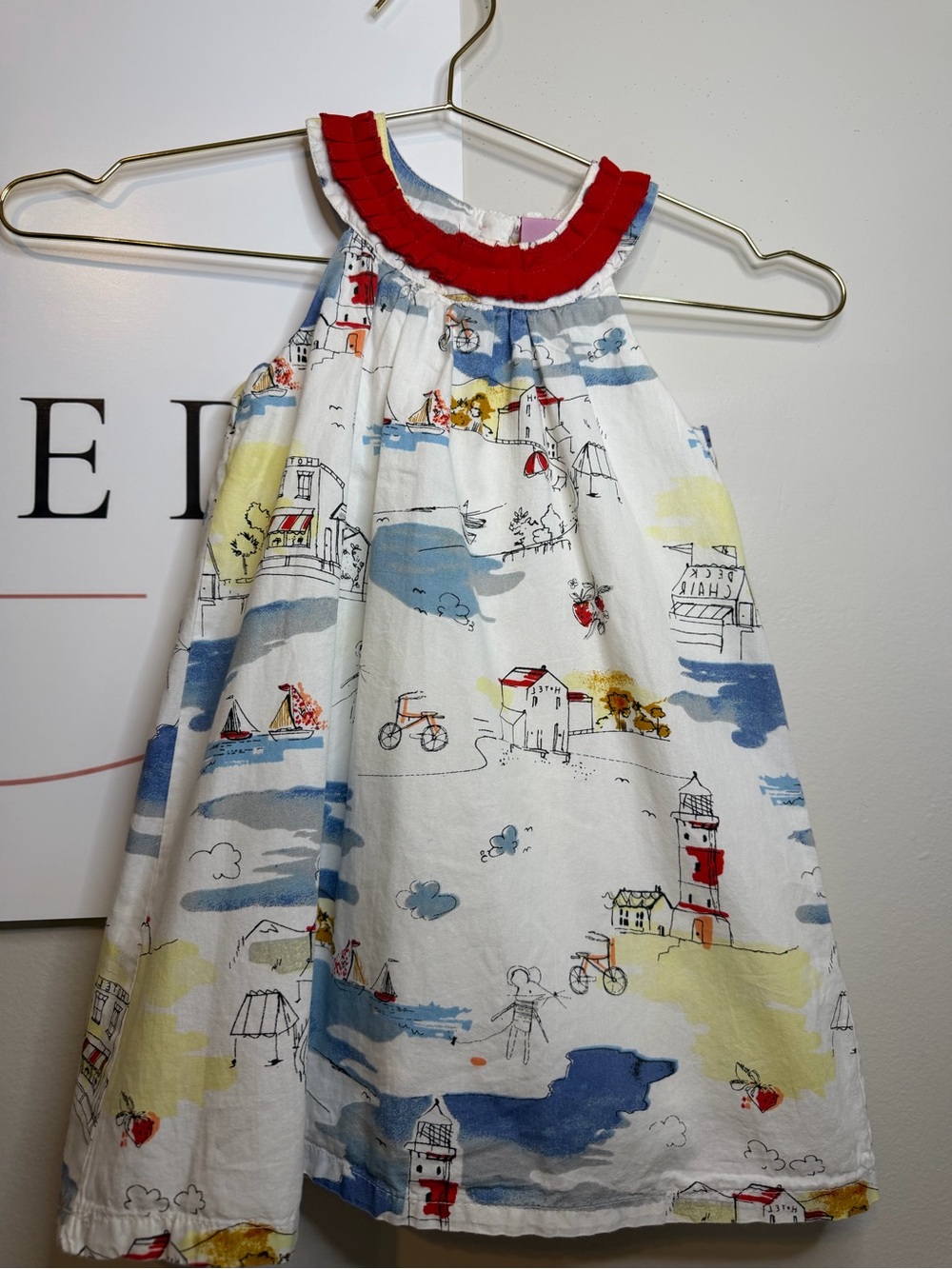 Girls' Coastal Print Halter Dress with Red Ruffle Neck